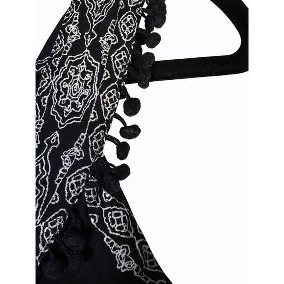 Loft Black, White Printed Sleeveless Pom Pom Trim Swing Tank Top V Neck Boho XSP - Picture 7 of 12